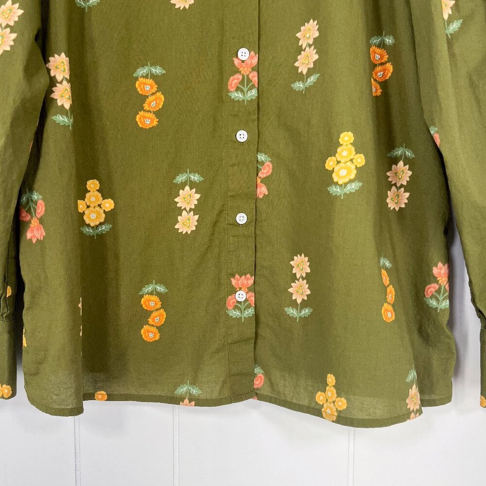 Loft Outlet Floral Button Down Blouse Balloon Sleeve Fall Boho Size Medium Green - Picture 4 of 15
